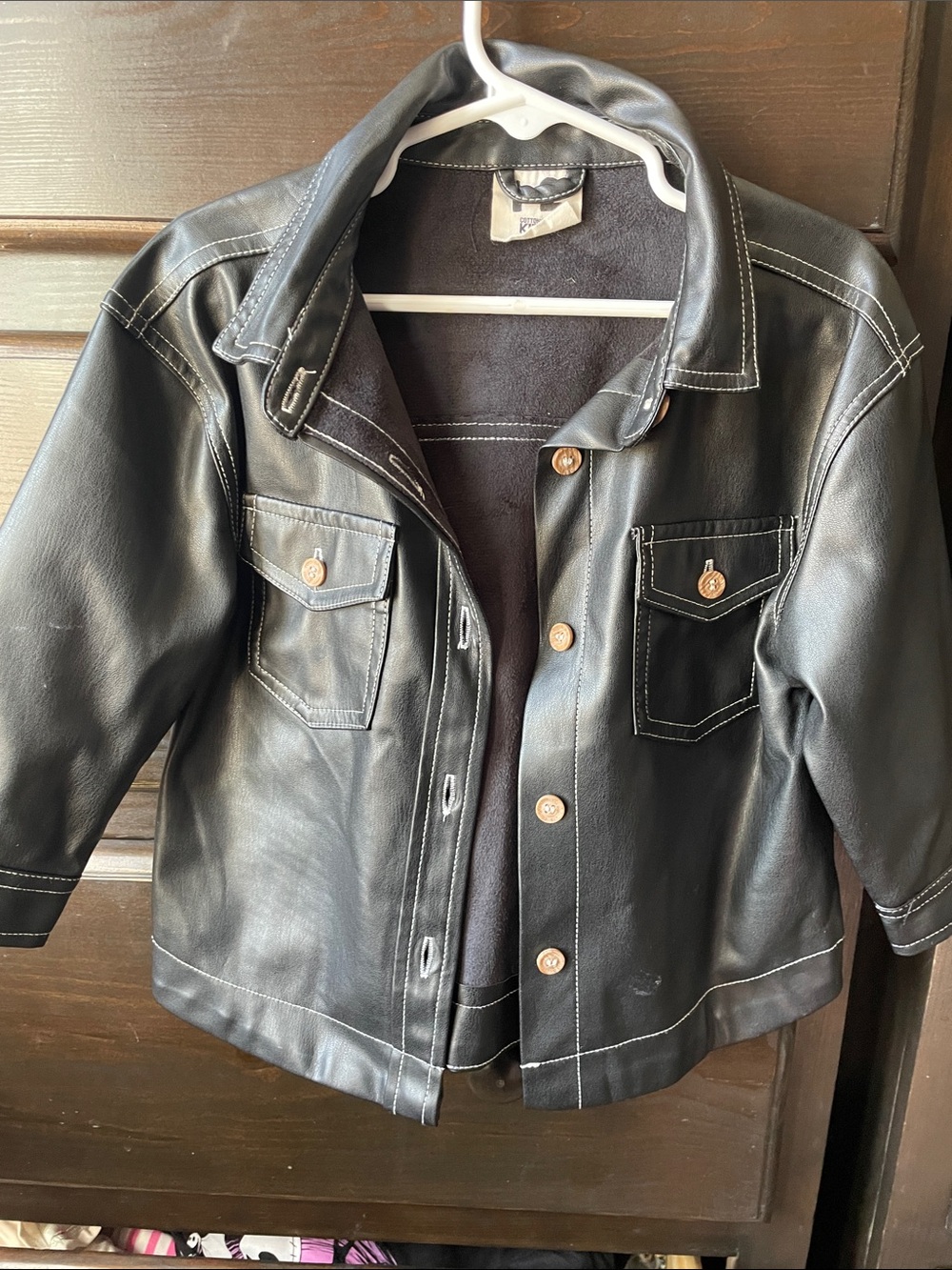 Cotton On Kids Black Faux Leather Jacket with Contrast Stitching